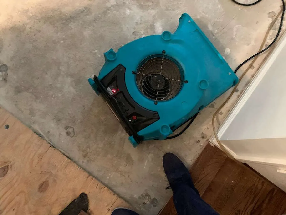 Air mover drying subfloor during Commercial Water Damage Restoration in New Milford